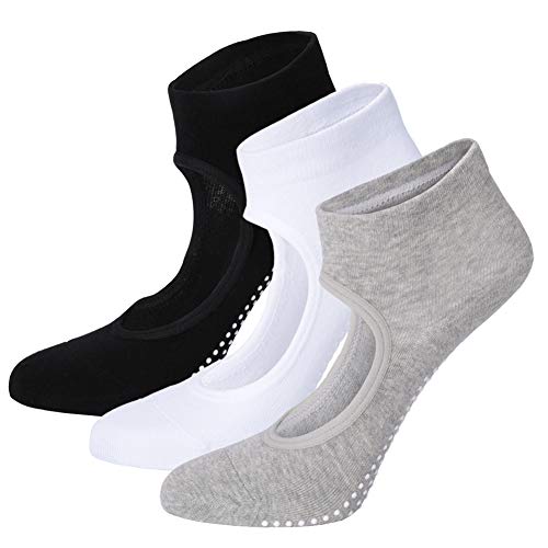 LERTREE 3 Pairs Women Yoga Socks Anti Slip Silicone Gym Pilates Ballet Socks Fitness Sport Sweating Socks (Black+White+Gray)