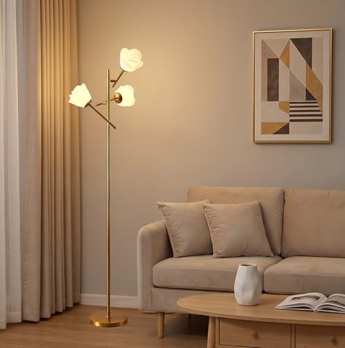Image of Fiqevs Mid Century Modern Floor Lamp with 3 Adjustable Flower Shade - Floral LED Standing Light with Foot Switch & Light Bulb, Sputnik Tree Lamp for Living Rooms Bedrooms - Antique Brass /Gold