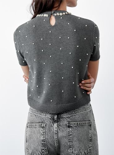 LifeShe Women's Short Sleeve Pearls Sweater Casual Crew Neck Crop Rhinestones Knit Pullover Sweaters2