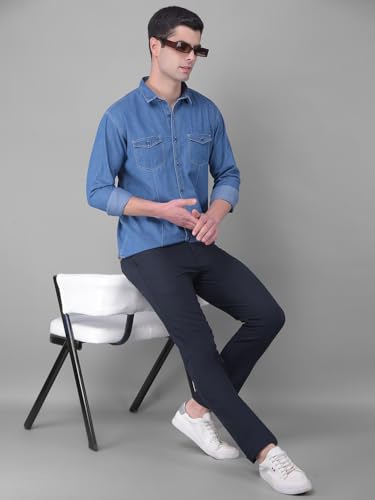 Image of COBB Solid Denim Blue Slim Fit Casual Shirt