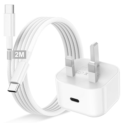 iPhone 15 16 17 Fast Charger, 20W USB C Charger Plug and Nylon Braided Cable 2M for iPhone 15 16 17 Pro Max/Pro/17 Air/17 16 15/iPad Air, USB C Plug UK Power Adapter with USBC to Type C Charging Cable