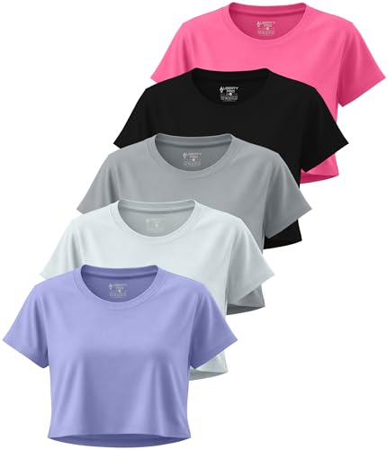 La Mejor Lista de Camisetas y camisas deportivas para Mujer del mes. 41 Paquete de 5 camisetas cortas cuadradas para mujer, de ajuste holgado, para entrenamiento, yoga, correr, gimnasio, casual, para entrenamiento, Lavanda/Negro/Blanco/Gris/Rosa...