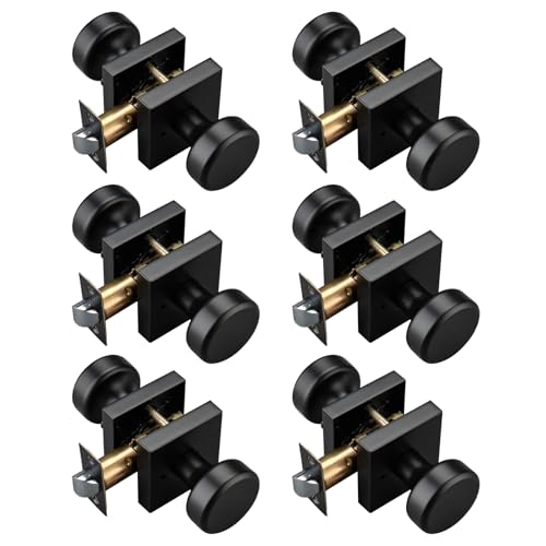STARPY 6 Pack Black Door Knobs with Square Rosette, Interior Door Handles for Bath & Bed, Heavy Duty Door Knob with Lock