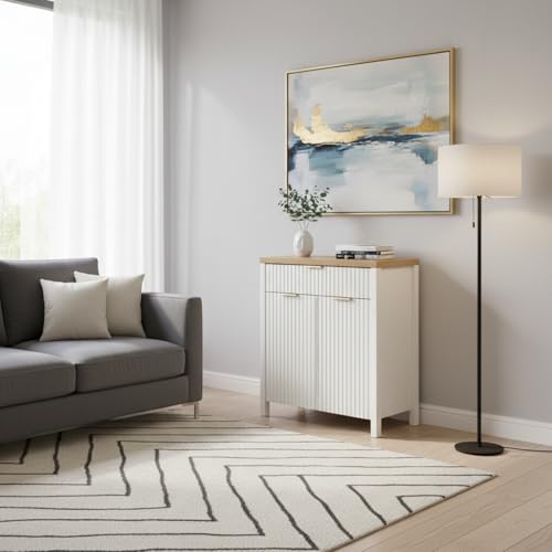 Image of Panana 2 Doors 1 Drawer Sideboard, Ribbed Style Storage Cabinet with Adjustable Shelves for Kitchen Living Room, Kitchen, Entryway (White)