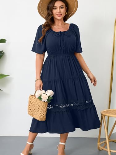 Image of RWJ Women's Plus Size Maxi Dress Short Sleeve Square Neck Flowy A-Line Lace Trim Flutter Party Casual Off Shoulder Dresses