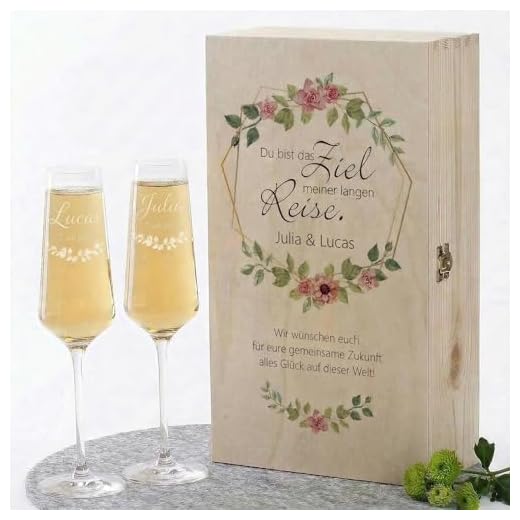 Herz & Heim® Premium Geschenkbox mit 2 Leonardo Puccini Sektgläser zur Hochzeit mit Gratis Gravur und bedruckter Holzbox