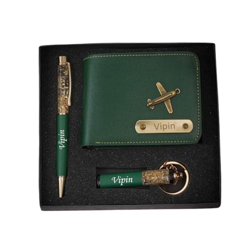 Image of Teak Wood Customized Leather Wallet Pen Keychain Gift Set for Men with Name, Personalized Brown Purse Combo, Stylish Gift for Husband, Boyfriend - Mens Wallets, Wallets for Man, Men Wallet Green