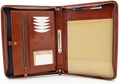 Noda Executive Leather Padfolio 2 Ring Binder Professional Business Portfolio w/Zippered Closure | Resume, Document, Notepad, Tablet, Writing Pad Organizer | Men, Women (Cognac)