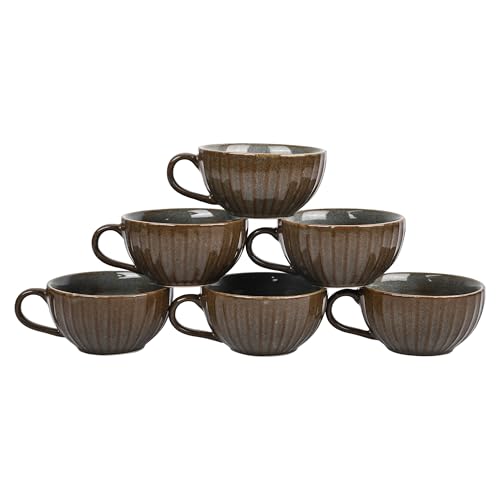Image of Premium Grey Brown Ceramic Tea Cup Set of 6 | Handmade Stoneware Coffee & Tea Mugs | 220 ml Each | Microwave, Dishwasher Safe | Textured Design | Chai Cups for Home, Office & Gifting