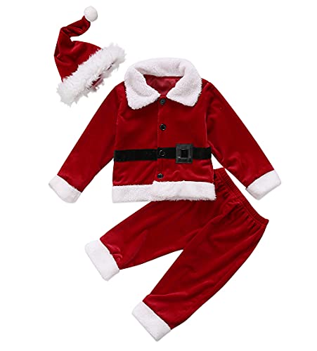 XARAZA Baby Boys Girls Christmas Clothes Outfits Velvet Long Sleeve Outwear Jacket + Santa Long Pants + Hat (Wine Red, 2-3 Years), 2-3T