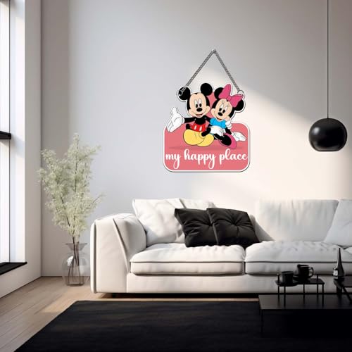 Image of GIFTMEBAZAR My Happy Place With Mickey Mouse Cartoon Theme Wooden Wall Hanging For Home, Living Room & Office Decor | Wall Art | Modern Decor Item