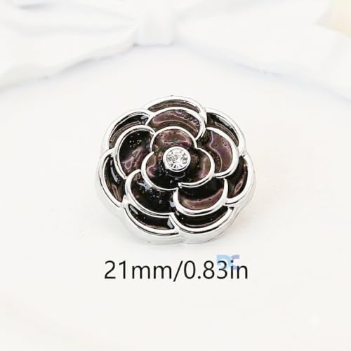 Image of Pack of 6 Resin Rose Flower Buttons Diameter 20 L Shank Button for Sewing On Blazer Jacket and Art and Craft| Beautiful Black Rose with Silver Edges and Rhinestone in Centre