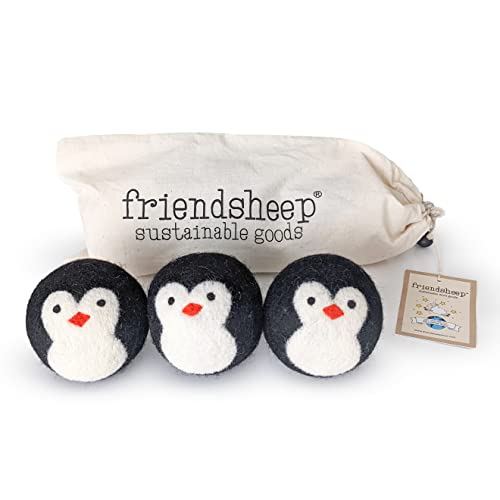 Friendsheep Wool Dryer Balls Organic Reusable Fabric Softener Alternative for Laundry Handmade Fair Trade Hypoallergenic Eco-Friendly Plastic-Free (3 Pack XL Penguin)
