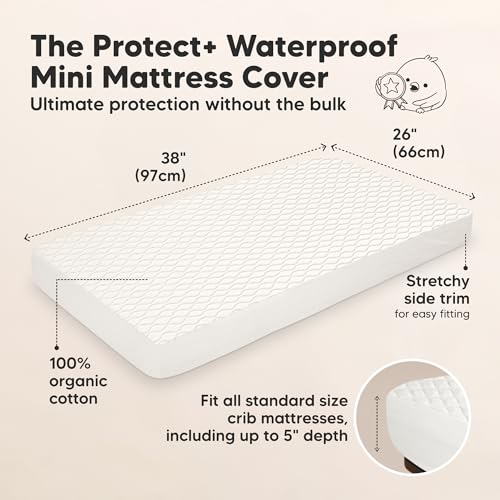 Image of 2-Pack Mini Waterproof Crib Mattress Protector - Quiet Pack and Play Mattress Pad Cover, 38 inch x 26 inch Mini Baby Crib Sheets, Soft Absorbent Quilted Cotton, Machine Washable, Easy Fit (Soft White)