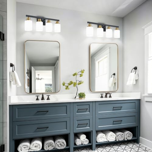 Image of Black and Gold Bathroom Light Fixtures 4-Light Vanity Lights 24in | White Frosted Ribbed Glass Shade Bathroom Vanity Lights Bathroom Lights over Mirror Wall Lamp for Restroom E26 Base
