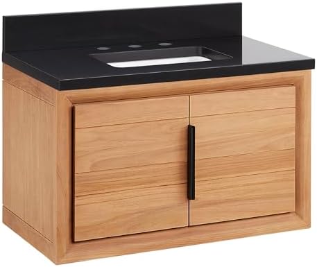 Signature Hardware 955225-30-rumb Aliso 30" Wall Mount Teak Single Basin Vanity Set with Cabinet, Vanity Top, and Rectangular Undermount Sink - 8" Faucet Holes - Natural Teak/Carbon Black