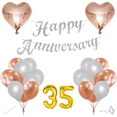 Image of Flyloons 35th Happy Anniversary Decoration Items Rose Gold White for Men Women Husband Wife Mom Dad Parent Couple Home Bedroom Car With 20 Pcs Metallic Balloons Anniversary Banner 2 Pcs Heart Set Kit