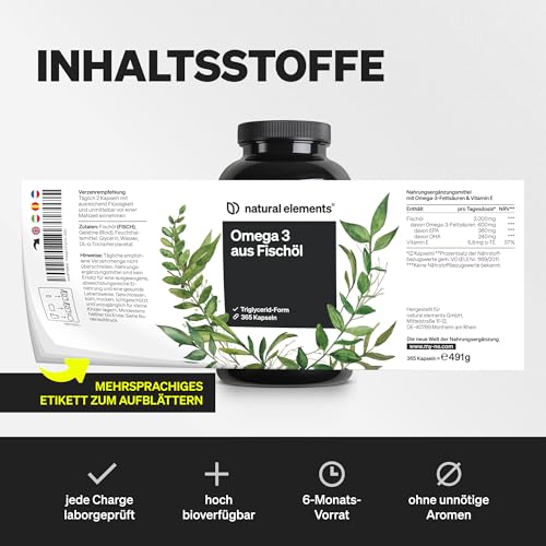 natural elements Omega 3 – 365 Kapseln – 2000mg Fischöl pro Tagesdosis – mit EPA und DHA in Triglycerid-Form – Laborgeprüft und aufwendig aufgereinigt 6