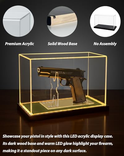 Image of Premium Acrylic Pistol Display Case with Amber Yellow LED Light, Solid Wood Base & Built-in Stand | UV Resistant Pistol Display Box for Gun Collector, Fits Most Pistols - 12 inch x 5.3 inch x 7.5 inch