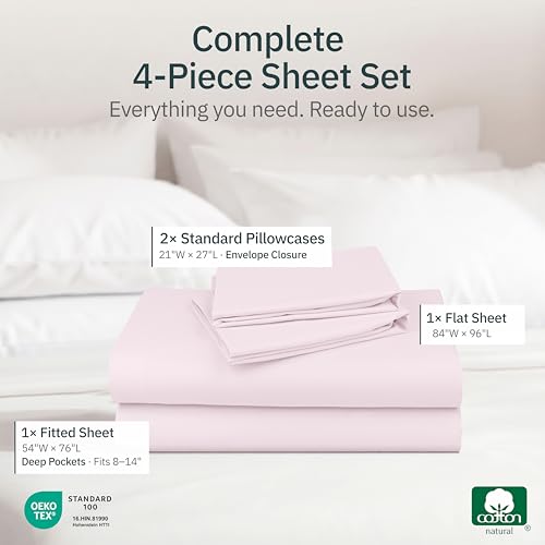 Image of Super Soft 100% Cotton Full Size Bed Sheet Set, 4 Pc Set, Pink | Lightweight & Breathable For Hot Sleepers, 14 inch Deep Pocket, All-Around Elastic, Durable, Easy Care, OekoTex Certified