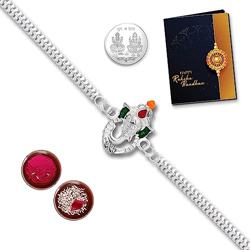 Image of Oblivion Rakhi Combo with Tilak Set, Pooja Coin and Greeting Card for Rakhi Festival - Complete Brother Sister Gift
