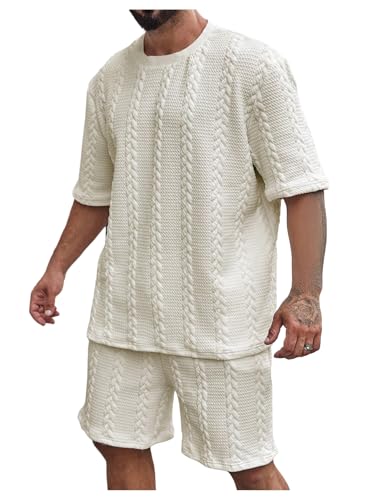 GORGLITTER Men's Big and Tall Vacation Beach Outfits Cable Knit Shorts Set