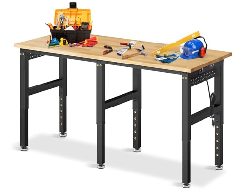 Image of 72 inch Adjustable Height Workbench, 2000 LBS Heavy Duty Table Rubber Wood Workstation with Power Outlet & Pegboard for Garage, Office, Workshop, Home,Commercial