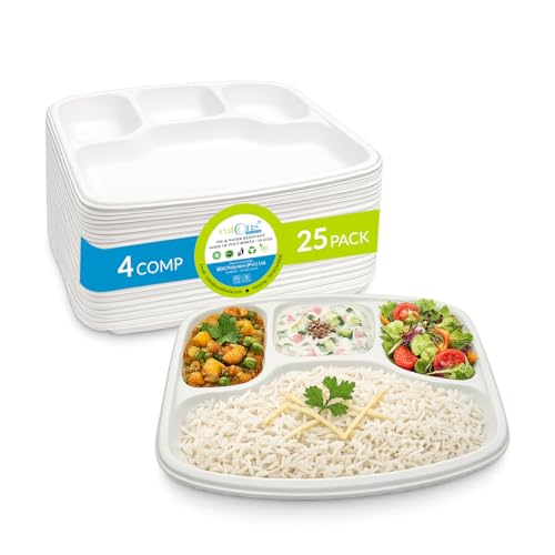 Image of EATONS | 4 Compartment Bagasse Meal Tray | 11 Inch - Pack of 25 | Disposable Plates Big Size | Sugarcane Paper Plates | Great for Events, Caterers & Buffet | Heavy Duty, Leakproof, Microwave Safe