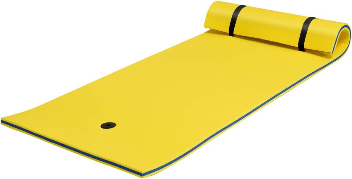 GYMAX Large Floating Water Pad, 3-Layer XPE Foam Floating Raft Mat with Rolling Pillow Design and Fixing Strap, Roll-Up Swimming Foam Mattress for Pool, River, Lake and Ocean
