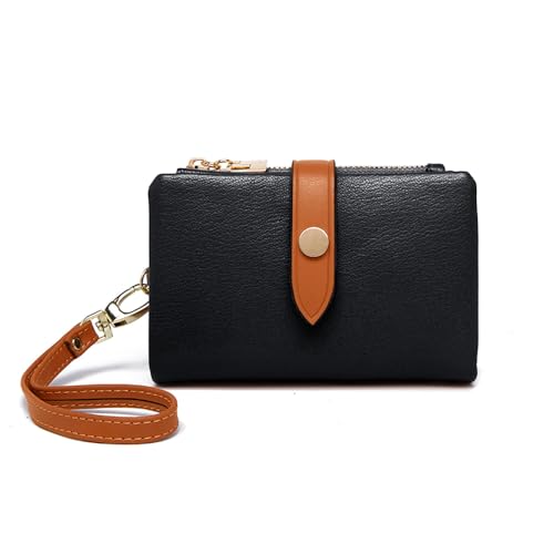 Genuine Leather Wallet for Women RFID Blocking Trifold Wristlet with Zipper Coin Pocket Brown (Black)