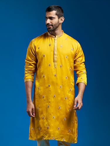 Image of VASTRAMAY VM Mens Silk Blend Kurta - Timeless Elegance for Festivals & Events | Banarasi Cotton with Silk Dobby Jacquard Mandarin Collar Full Sleeves Kurta with a Contrast Piping