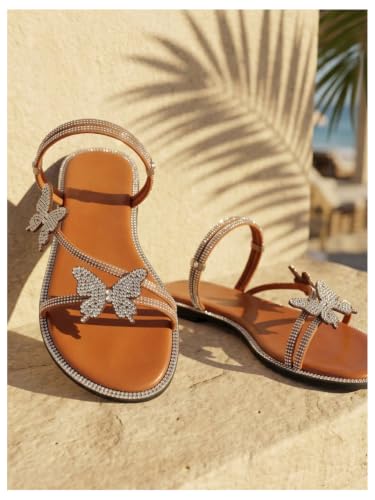 Image of OYOANGLE Women's Silver Rhinestone Sandals Sparkly Dressy Flat Sandals