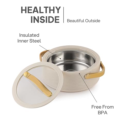 Image of CELLO Velvetto Deluxe 1500 Insulated Casserole Hot Box for Kitchen 1500 ml, Cream | Airtight See Through Lid Hot Pot Case Keeps Food Hot & Warm for Long Hours, Casserole Set for Roti, Rice & Biryani