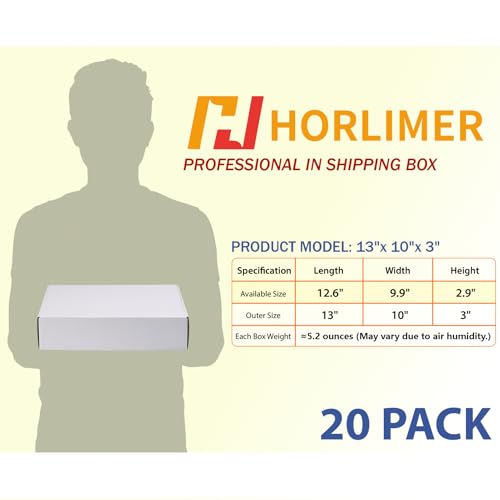 Image of HORLIMER 13x10x3 Shipping Boxes Set of 20, White Corrugated Cardboard Mailer Box for Packing Small Business