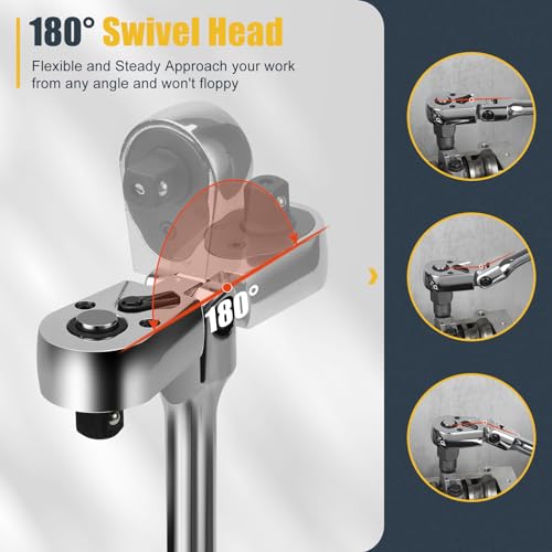 Yiyeie 6-Piece Flex Head Ratchet Set, 1/4", 3/8", 1/2 Inch Drive, Swivel Head Ratchet Wrench With Extension Bar, 72 Tooth, 180° Adjustable, Quick-Release, Flexible Ratchet Handle With Eva Foam thumb #3