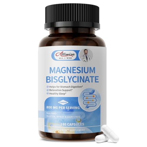 Magnesium Glycinate Capsules, Magnesium Bisglycinate 800mg Chelated, Maximum Absorption, Gentle on Stomach, Small Easy to Swallow, Supports Restful Sleep, Muscle, Bone Health 180 Counts