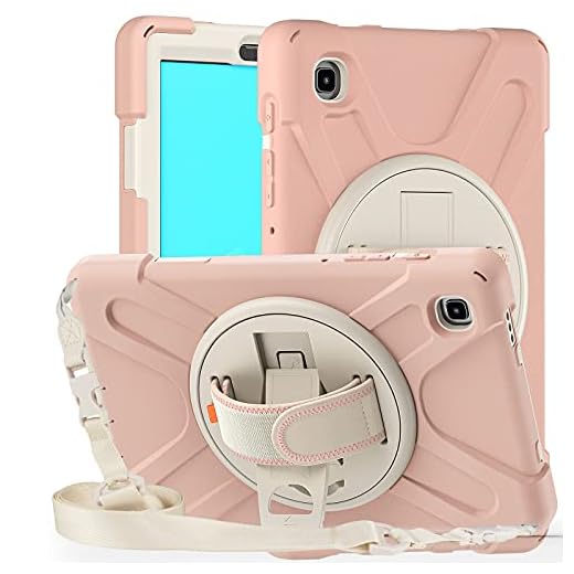 Juaupepo Capa robusta para Samsung Galaxy Tab A7 Lite 8,7 polegadas 2021 (SM-T220/T225/T227), capa híbrida portátil à prova de choque com gancho giratório de 360° e alça de ombro, alça de ombro (ouro rosa)