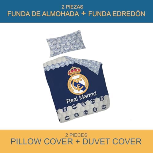 Juego de Cama del R. Madrid Equipo de Fútbol (1 Funda de Edredón + 1 Funda de Almohada), Oficial Fútbol Madrid, Regalo R. Madrid, 50% Algodón y 50% Poliester, (L,135CM)