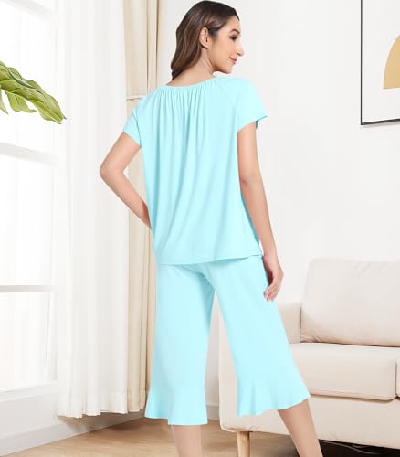 Image of NACHILA Pajamas for Women-Viscose Made from Bamboo,Short Sleeve Sleepwear Cooling Pjs Top with Capri Pants Pajama Sets