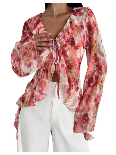 WDIRARA Women's Floral Print Ruffle Blouse V Neck Tie Front Long Bell Sleeve Chiffon See Through Tops
