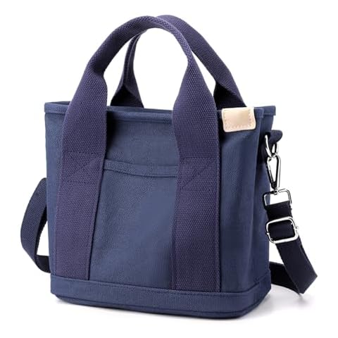 Canvas Tote Bag for Women Small Tote Bag with Zipper Crossbody Bag Shoulder Handbag Work Travel Tote with Compartments (Small, Navy Blue) Cover