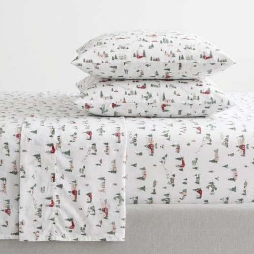 Image of Martha Stewart - Flannel Sheets Queen Size, Anti-Pilling & Wrinkle Resistant Cotton, Touchably Soft for All-Season Comfort - Bed Sheets with Matching Pillowcases & Fitted Sheet (Ski Village Green)