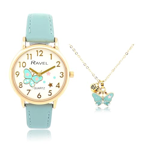 Ravel "Little Gems Girls Golden Watch and Butterfly Necklace Set - Analogue Quartz - R2231.6 - Blue
