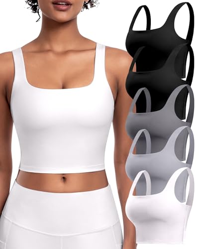 Womens Sports Bras 5 Packs - Square Neck Longline Workout Crop Tank Tops Padded Yoga Camisole with Built in Pads (2BlackDGrayLGrayWhite, L)