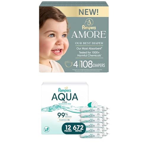 Pampers Amore Size 4 Diapers (15-34 lbs), 108 Count & Aqua Pure Baby Wipes 672 Count Bundle - Hypoallergenic, Unscented