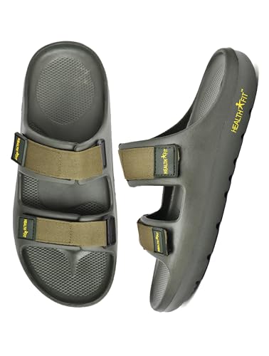 Image of HEALTH FIT Extra Soft Premium Classic Cushion Sliders /Slipper footbed with Double Adjustable Strap Comfortable Light Weight Anti-Skid Waterproof Stylish Flip Flops for Men's HF153