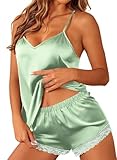 Ekouaer Satin Pajamas Women Lace Sleepwear Lingerie Cami Shorts Set Nightwear XS-XXL