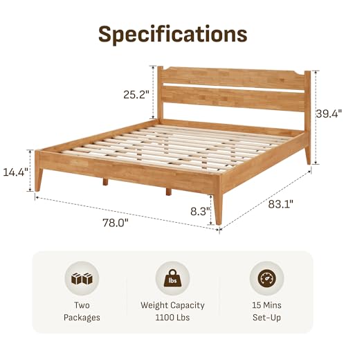 Image of Softa Venso King Solid Wood Bed Frame with Headboard, 1100 Lbs Heavy Duty Rubberwood Platform Bed, 15-Min Tool-Free Assembly, Quiet Stable Support, Japanese Japandi Design, No Box Spring Needed