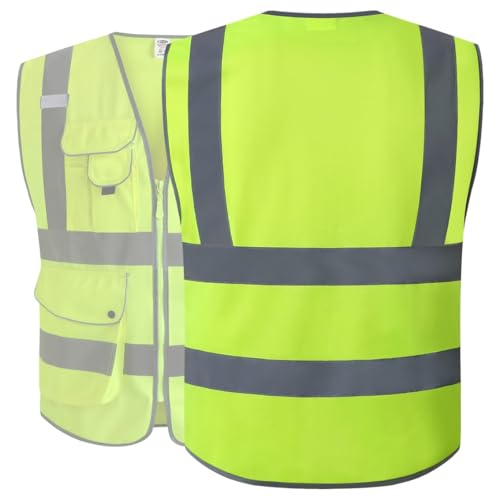 Image of JKSafety 20 Pack 9 Pockets Class 2 High Visibility Zipper Front Safety Vest With Reflective Strips,Meets ANSI /ISEA Standard (Medium, 156-Yellow)