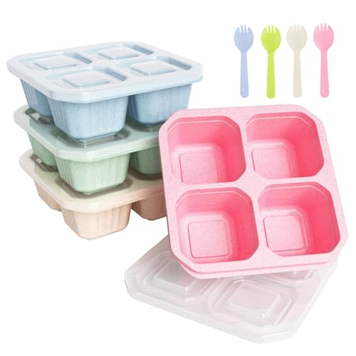 Woobroo Snack Box,4 Pack Reusable Snack Pots Meal Prep Lunch Containers Bento Lunch Boxes 4 Compartment Divided Snack Boxes With Lids And Forks For Ki